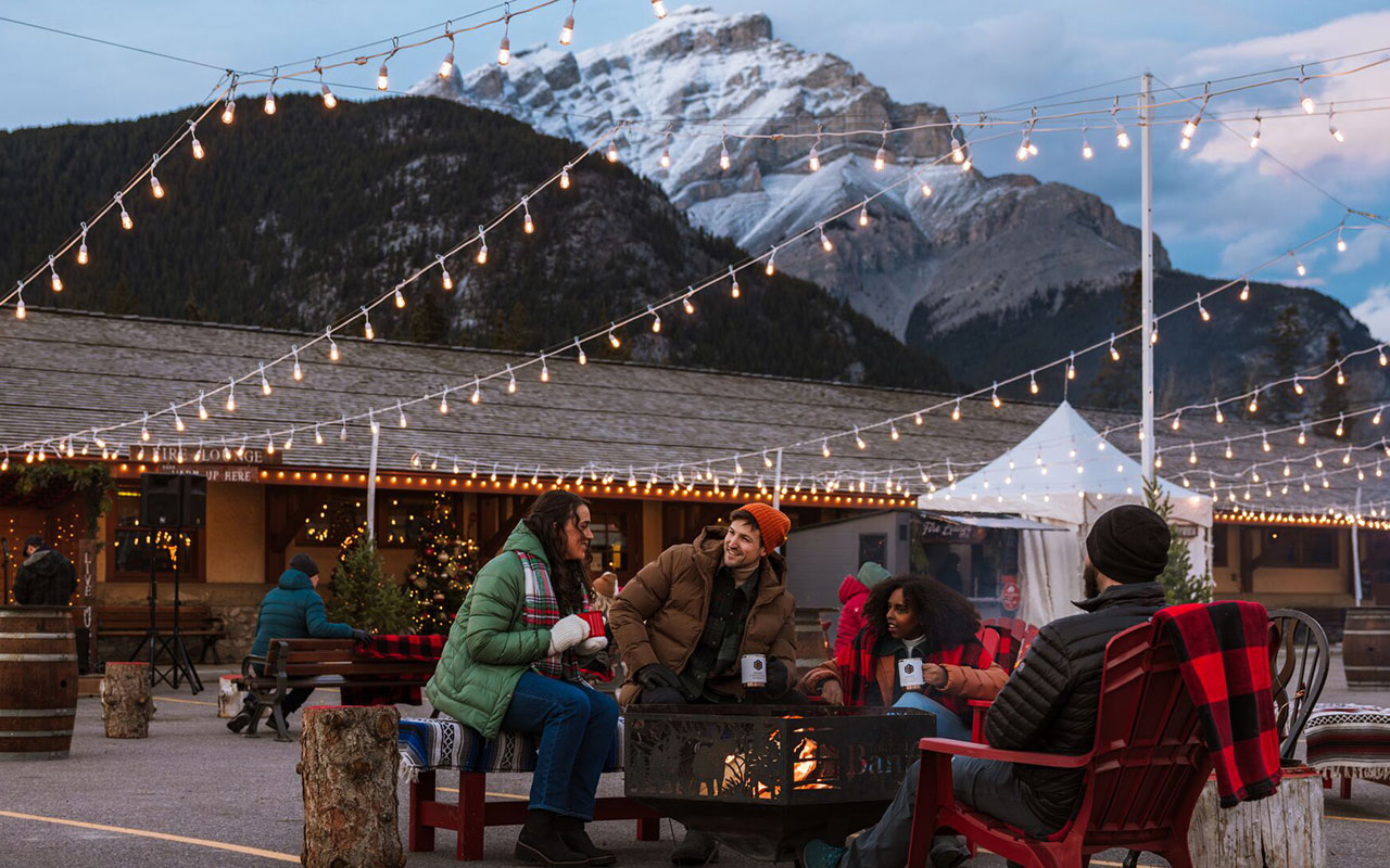 Banff Christmas Market Lights and mountain views